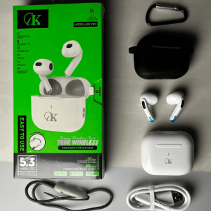 Écouteurs sans fil CIK Air Pro avec boîtier, câble USB, mousqueton et étui silicone